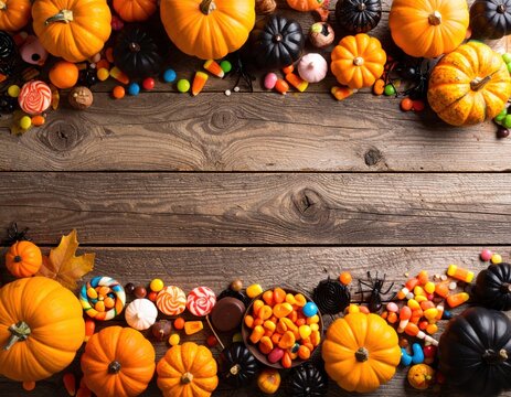 Halloween pumpkins and candy on wooden background