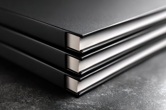 Stack of black books with white pages.