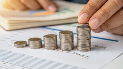 report financial hands stacking coins concept. Financial growth with stacked coins and charts in the background.