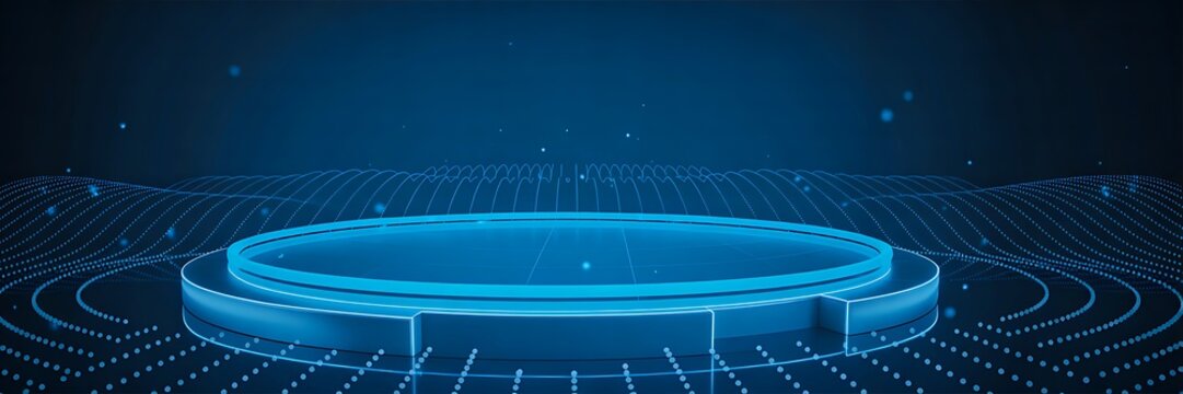 Futuristic digital platform with glowing round stage and blue abstract technology background
