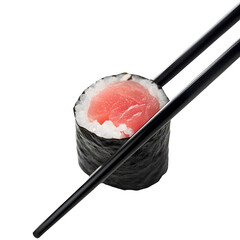 Exquisite tuna sushi roll presented with chopsticks on elegant dark background