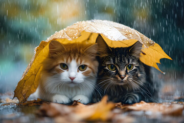 two cats under a yellow umbrella in the rain