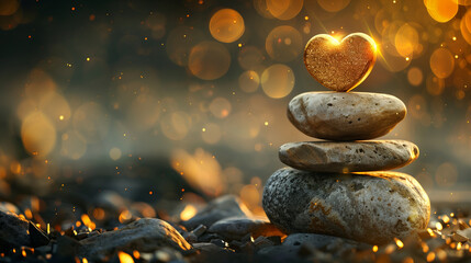  Balanced stones stack with glowing heart-shaped object and sparkling fantasy background