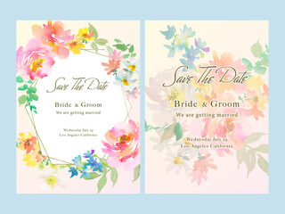Wedding invitation card design set with abstract vector pink and white peonies and wild flowers painted in watercolor. Hand-drawn post card template set with flowers.