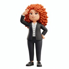 Cartoon Businesswoman with Curly Red Hair Saluting on White Background