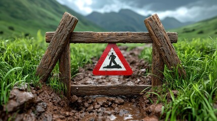 Muddy Trail Warning Sign in Mountainous Landscape