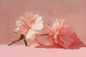two pink flowers are sitting on a pink surface