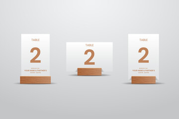 white Table Number 2 Card with Wooden Stand