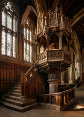  Intricately carved gothic wooden pulpit on majestic cathedral staircase