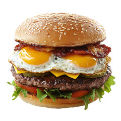 Delicious hamburger with double eggs and beef, isolated on transparent background.