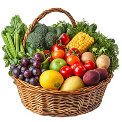 Fresh fruits and vegetables in a basket isolated on transparent background.