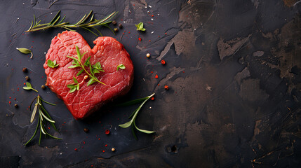  Delicious heart-shaped beef steak on dark background, a top view delight