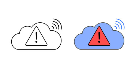 Cloud breach alert icon with a warning triangle, signal lines, and cloud, in outline and color styles, ideal for visualizing security threats, intrusion detection, and cloud incident notifications.