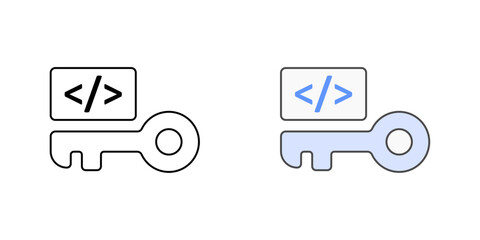 API token management icon with a key and code brackets, in outline and color styles, ideal for visualizing secure API access, developer authentication, and token-based authorization.