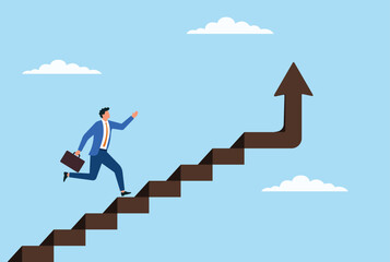 Vector illustration of a businessman climbing up the stairs, representing determination, ambition, and an ongoing journey towards achieving career goals, success, and professional growth