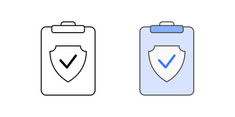 Security compliance report icon with a clipboard, checkmark, and shield, in outline and color styles, ideal for illustrating cloud audits, regulatory compliance, and IT security assessments.