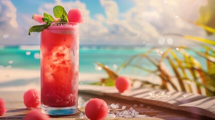 A tall glass of coconut watermelon cooler, garnished with watermelon balls and mint leaves, served on a tropical beach bar with a view of the ocean