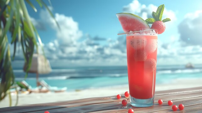 A tall glass of coconut watermelon cooler, garnished with watermelon balls and mint leaves, served on a tropical beach bar with a view of the ocean