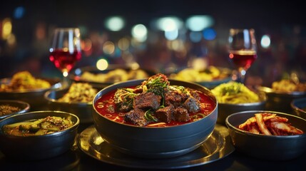 A vibrant display of a hearty stew, surrounded by various dishes