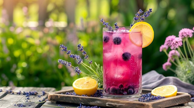 A tall glass of iced blueberry lavender lemonade, garnished with fresh lavender sprigs and served with a lemon wedge on a rustic wooden tray in a garden setting