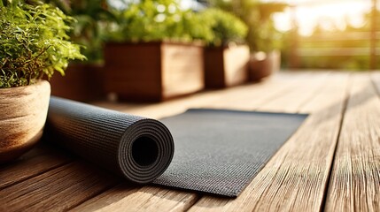 Rolled yoga mat on wood deck with potted plants in sunny outdoor space