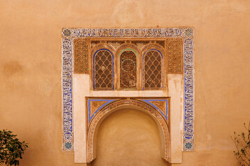 Scenic views of ornate doorways in the Bahia Palace, Old Town Medina area of Marrakech, west Morocco 