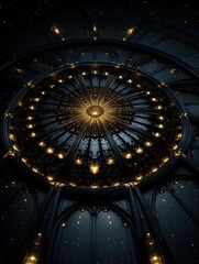 Dark circular architectural design with golden lights
