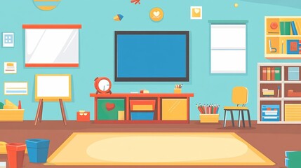 Cheerful Cartoon Classroom Interior with Educational Elements Illustration