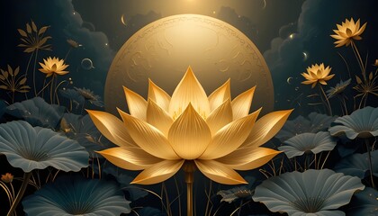 Luxury Golden Lotus Wallpaper Design with Natural Background for Wall Art, Fabric, and Prints – Vector Illustration