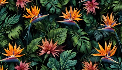 Seamless Tropical Leaves Pattern with Bird of Paradise on Black Background for Exotic Design Projects