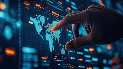 Close-up of a hand pointing at a stock market graph and world map displayed on a digital screen 