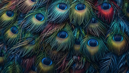 Colorful Peacock Feathers Texture Background Closeup for Elegant and Vibrant Wallpaper Design