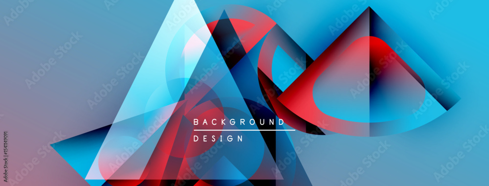 Poster Abstract geometric shapes overlap, creating vibrant blue, red gradients. Modern design elements suggest technology, innovation. Background features text background design.
