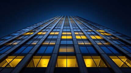 Tall building's glass facade lights up the night, a perspective view