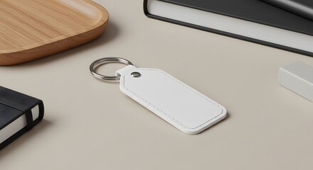 Blank White Leather Keychain Mockup on Beige Table