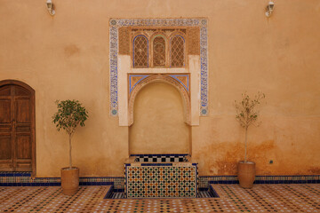 Scenic views of ornate doorways in the Bahia Palace, Old Town Medina area of Marrakech, west Morocco 