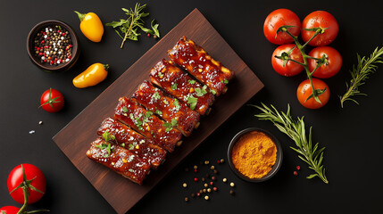 Succulent BBQ ribs garnished with fresh herbs and spices