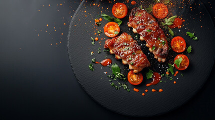 Succulent BBQ ribs garnished with fresh herbs and tomatoes