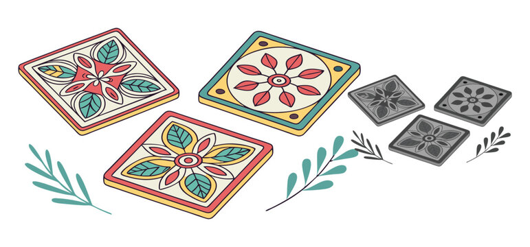 Colorful stylized square coasters with floral patterns and leaves arranged in an artistic composition against a white backdrop.