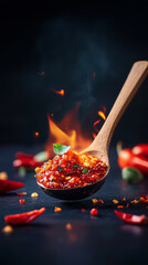 Spicy chili sauce in a wooden spoon with flames