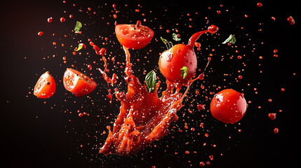 Dynamic tomato splash with vibrant red and green accents