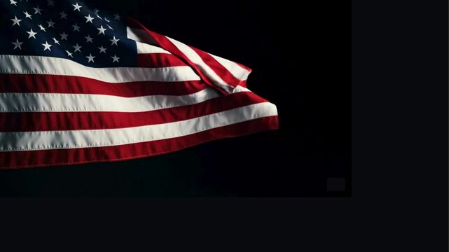 Realistic American flag floating gently in dark space. Slow-motion 3D animation for 4th of July, Independence Day, Memorial Day. Patriotic looped video. Seamless 4K UHD render.
