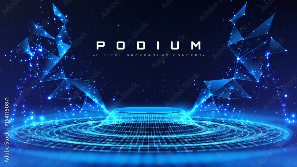 Wall mural empty blue podium on dark background with soft neon effect in polygon shapes and bokeh decoration. f