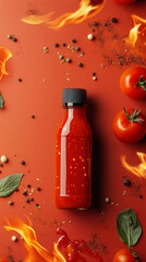Spicy tomato sauce with fresh ingredients and flames