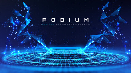 Empty blue podium on dark background with soft neon effect in polygon shapes and bokeh decoration. Futuristic technology scene design concept. Data transmission. Vector illustration.