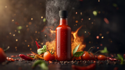 Spicy hot sauce bottle surrounded by fresh ingredients