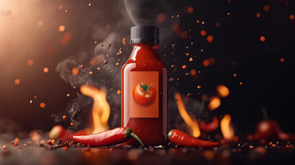 Spicy tomato sauce bottle with chili peppers and flames