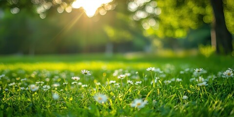 Fototapeta premium A serene, sunlit meadow with daisies and grass, under a canopy of trees with a soft, golden glow.