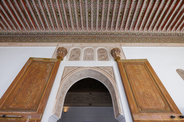 Scenic views of ornate doorways in the Bahia Palace, Old Town Medina area of Marrakech, west Morocco 