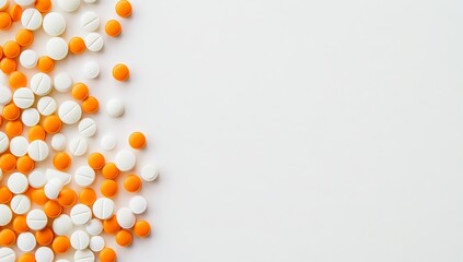 White background with orange and white circular pills scattered on the right side, creating an abstract pattern. The image has a flat lay perspective with no text or graphics in it. It is suitable 